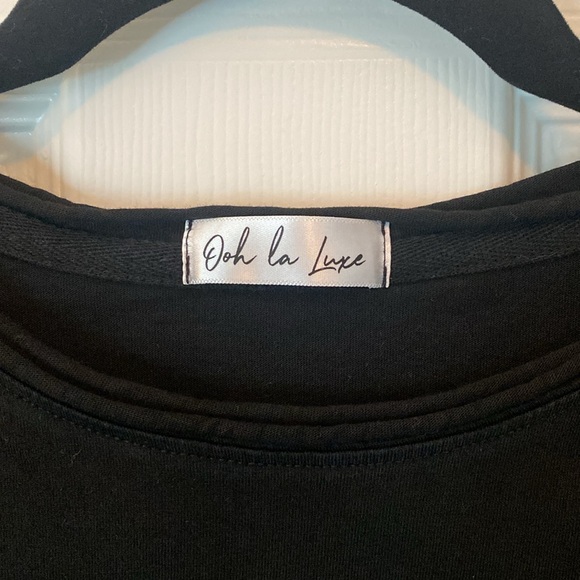 Ooh La Luxe Raw Hem Crop Top Crew Neck T Shirt Black - Picture 2 of 5